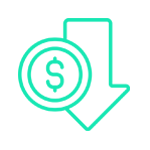 Moneda verde con signo de dólar y flecha hacia abajo, que representa reducción de costos.