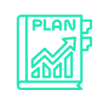 Libro verde con “PLAN” en la portada y un gráfico creciente, que simboliza la planificación para el crecimiento.