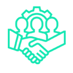 Ícono de trabajo en equipo: tres personas, apretón de manos, engranaje arriba, todo con contorno verde azulado.