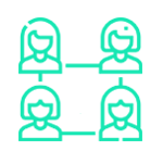 Cuatro figuras femeninas de color verde azulado conectadas por líneas, que representan una red o grupo.