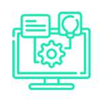 Pantalla de computadora verde con iconos de engranaje, documento y bombilla.