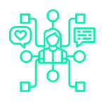 Persona conectada a iconos de redes sociales: corazón, chat y cuadrados, en turquesa.