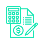 Calculadora, documento con líneas, signo de dólar y bolígrafo, todo en verde.