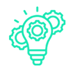 Bombilla con engranajes, que representa ideas e innovación, en color verde azulado.