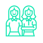Dos mujeres sonrientes, una al lado de la otra, con el pelo hasta los hombros, en un contorno verde azulado.