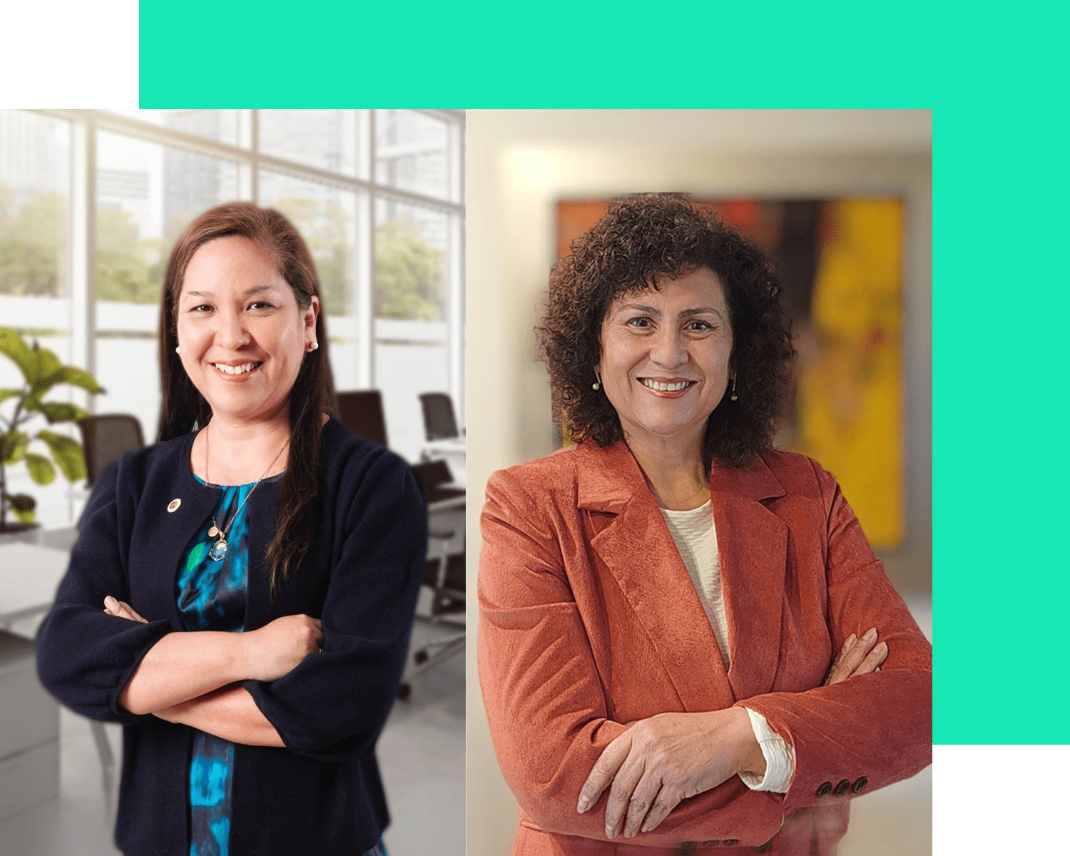 Dos mujeres sonrientes; una con un suéter azul marino, con los brazos cruzados; otra con un blazer color óxido, con los brazos cruzados.