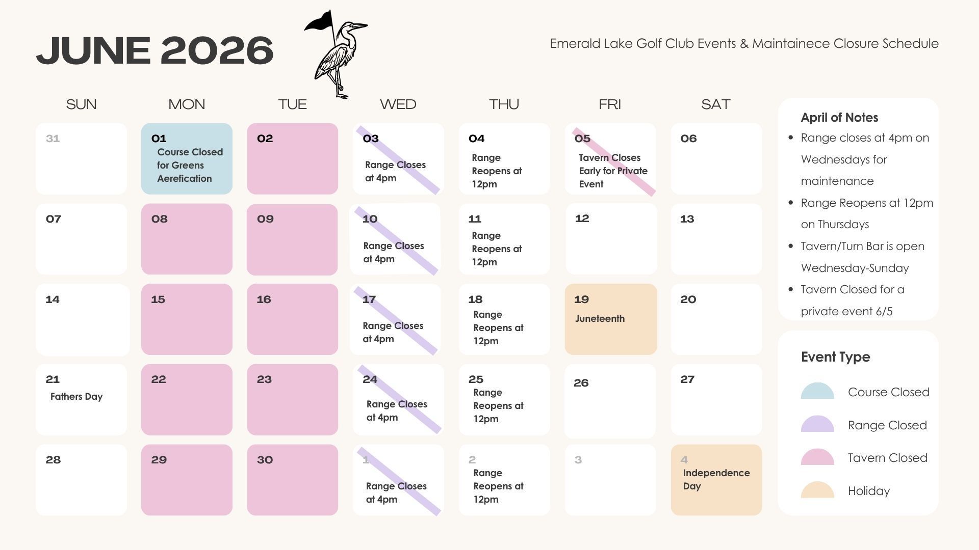 April 2026 calendar for Emerald Lake Golf Course, detailing maintenance, range closures, and event schedules.