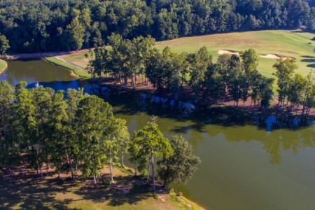 An aerial view of a lake surrounded by trees and a golf course.