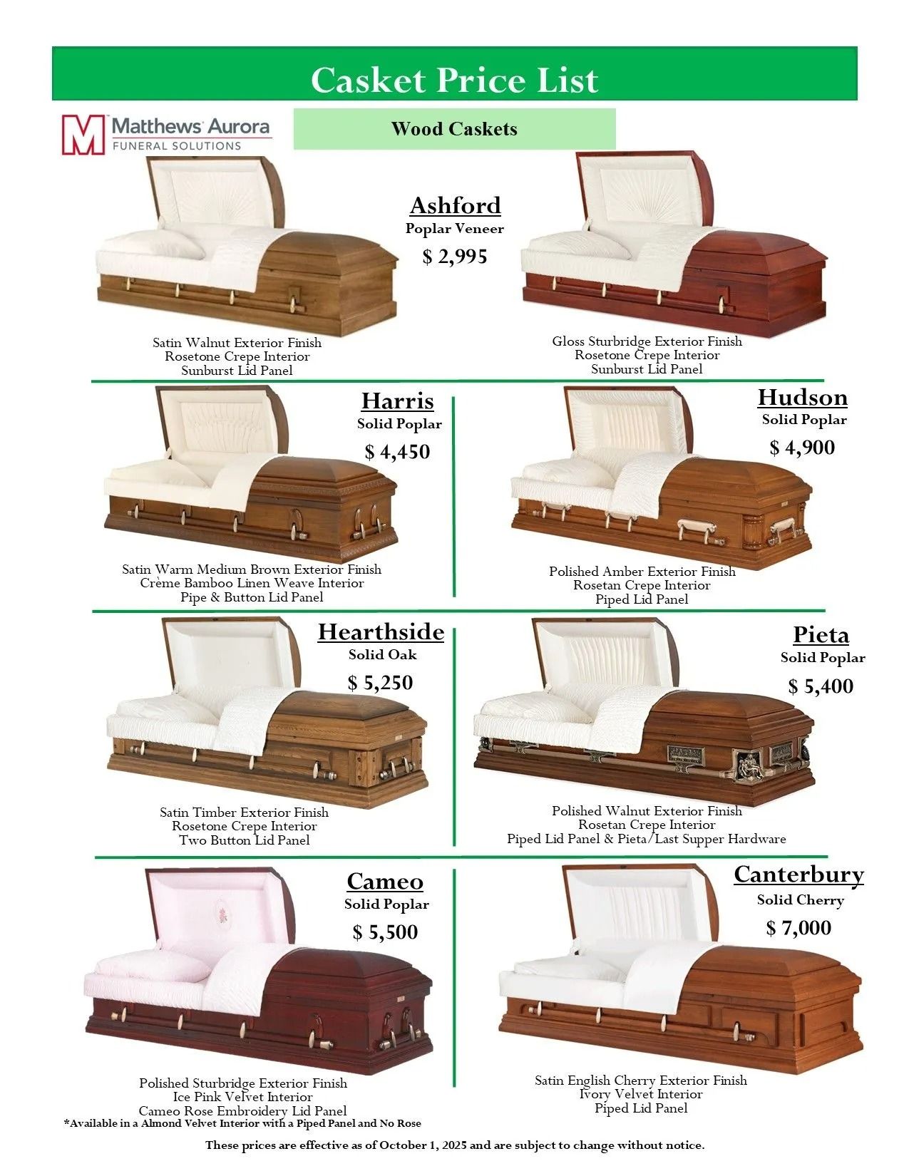 Casket price list showing eight caskets with names, colors, and prices on a white and green flyer.