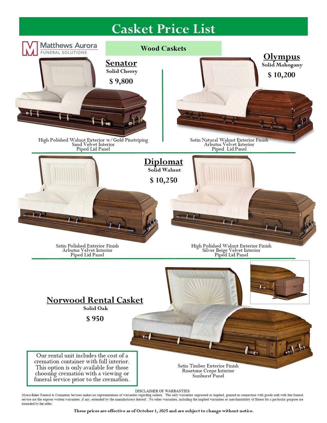Casket price list showing multiple casket styles and prices on a white and green brochure page