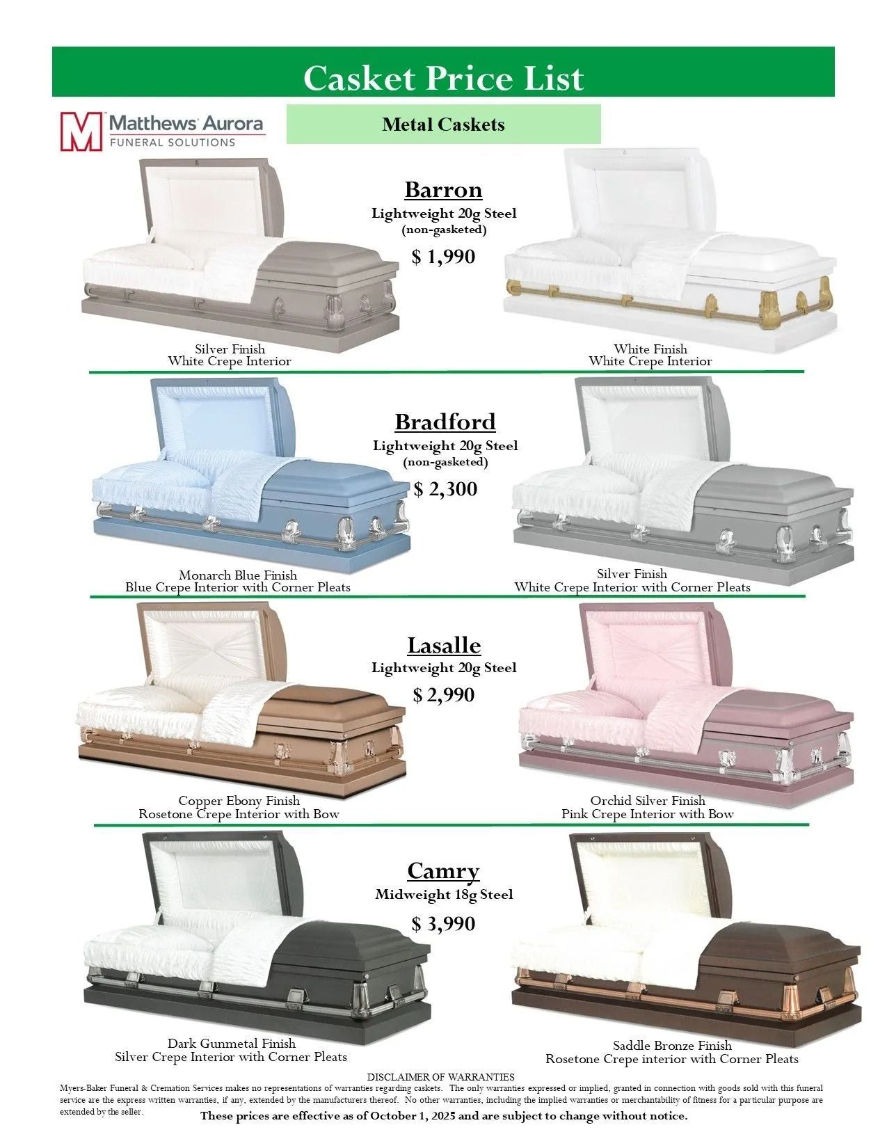 Casket price list showing six coffin styles in white, blue, pink, gray, and brown on a catalog page