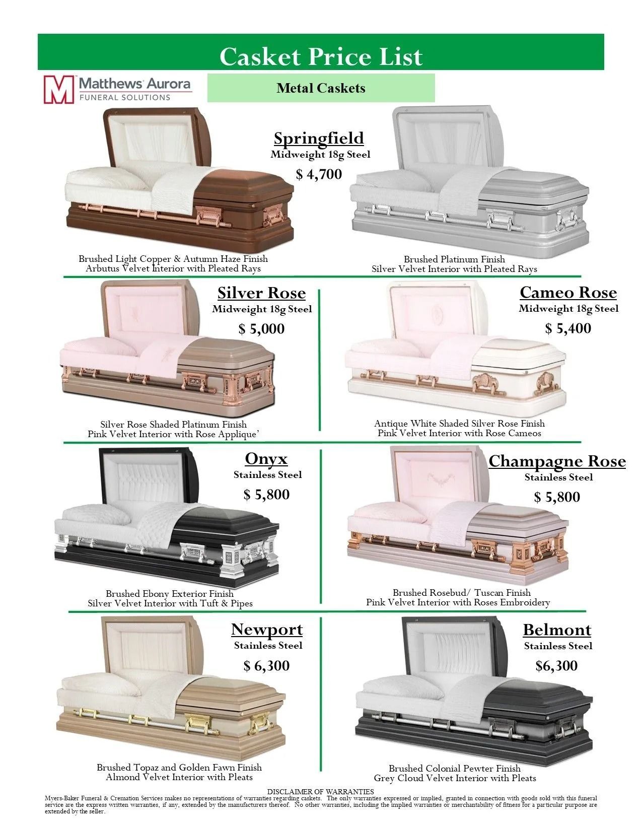 Casket price list with photos of several caskets in different colors and styles, each labeled with a price.