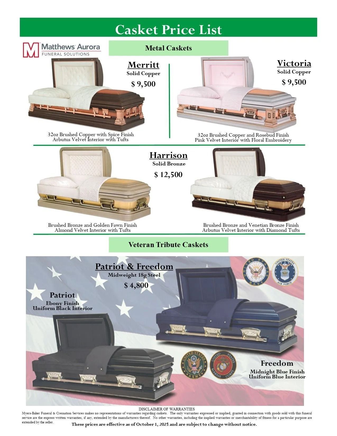 Casket price list flyer showing several casket styles with photos, names, and prices on a white background