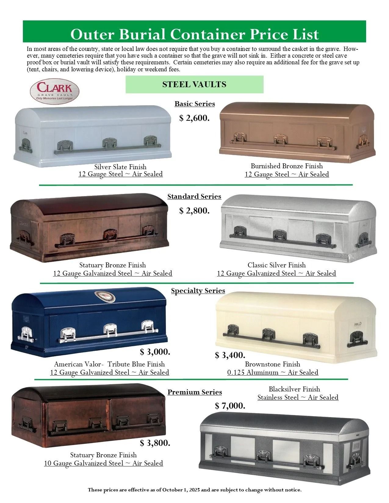 Price list for outer burial containers showing multiple casket images with prices and colors.