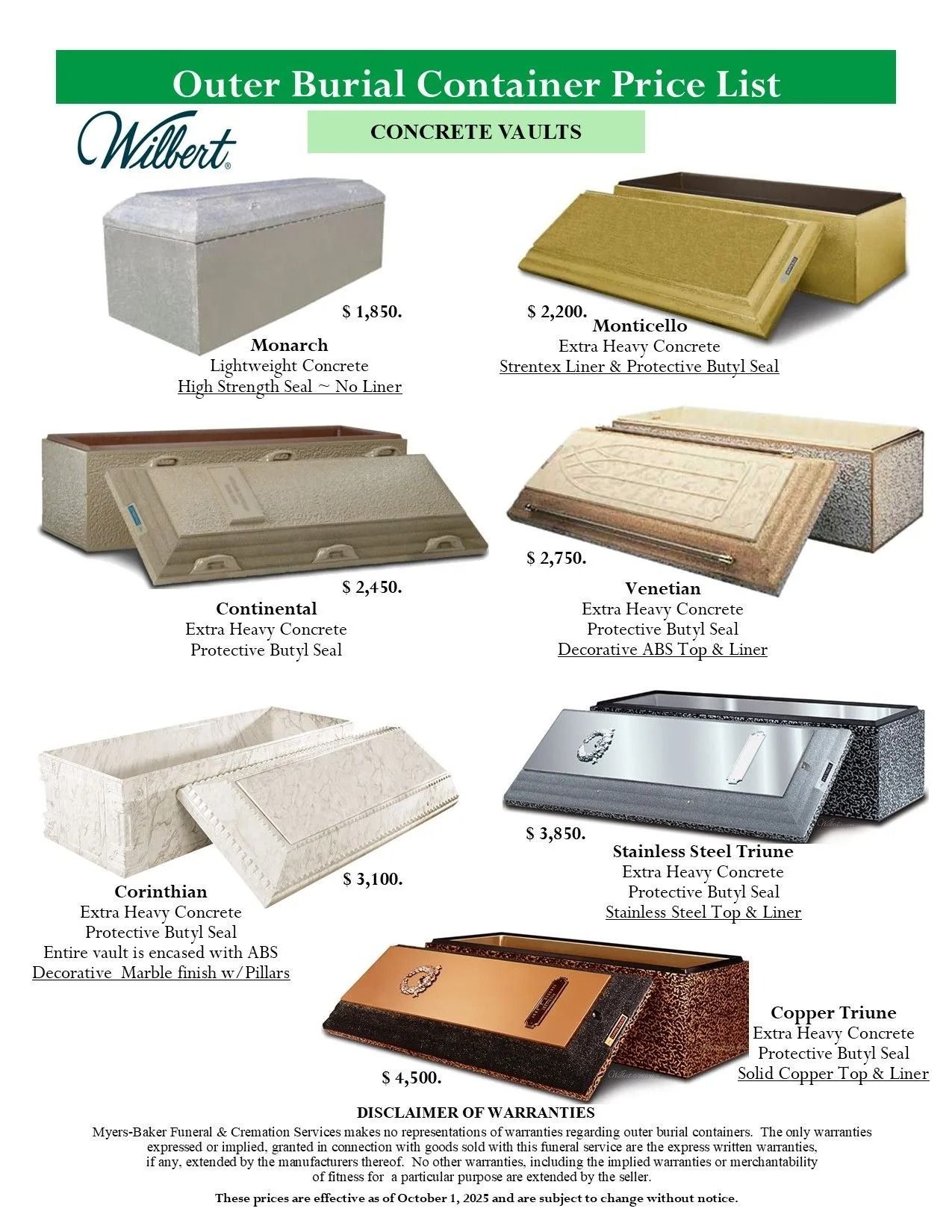 Outer Burial Container price list showing assorted casket vault models in different colors and styles