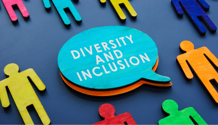 A blue speech bubble with the words diversity and inclusion written on it