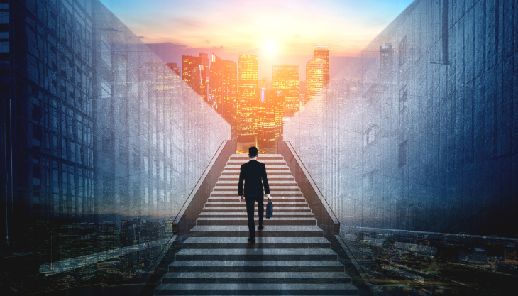 Employee climbs up the stairs of HR evolution and faces the future of human resource management