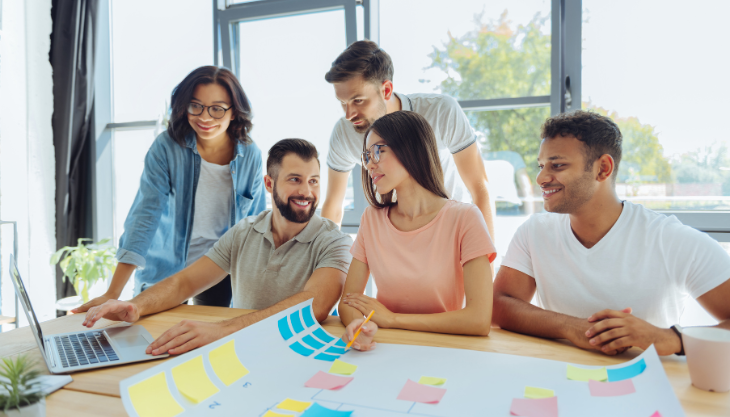 Productive team works happily together after they figure out how to improve employee productivity