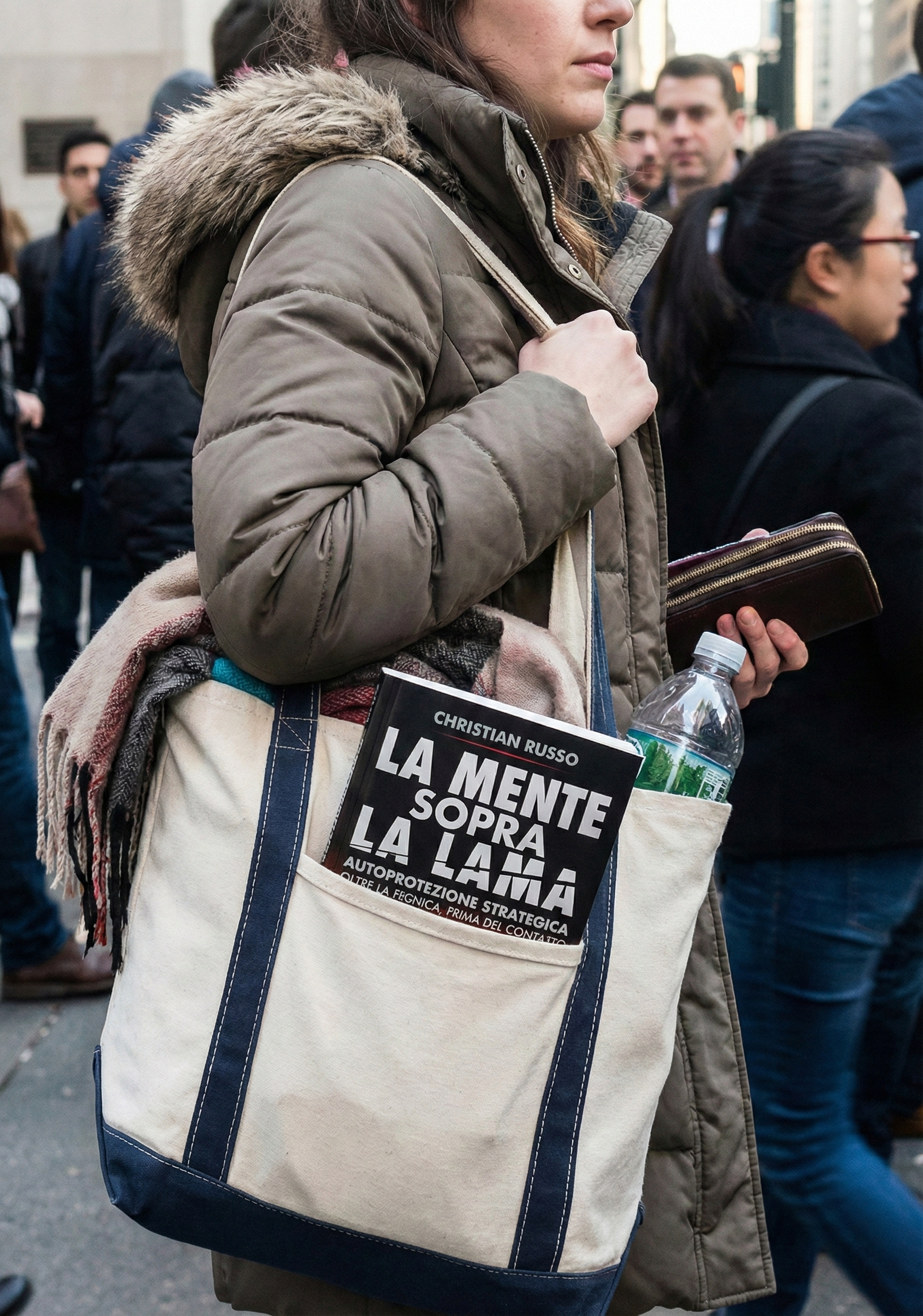 Una donna cammina per strada: ha nella borsa il libro 