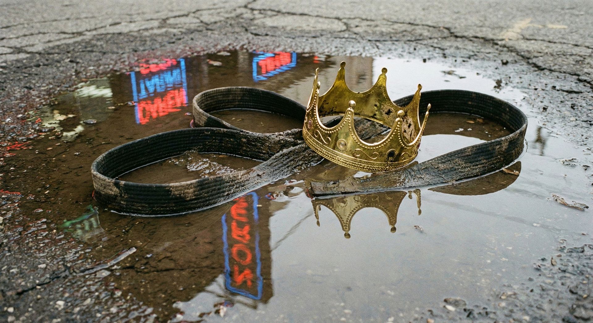 Una corona di plastica e una cintura nera giacciono nel fango di una strada cittadina