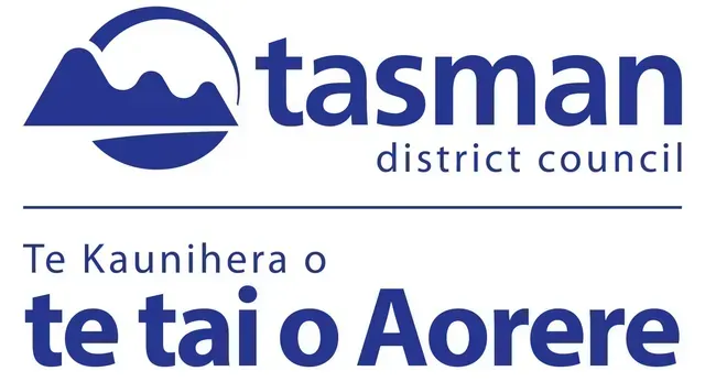 The tasman district council logo is blue and white