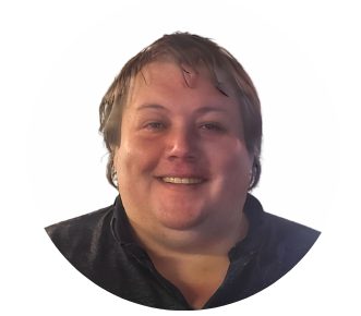 A woman in a black shirt is smiling in a circle