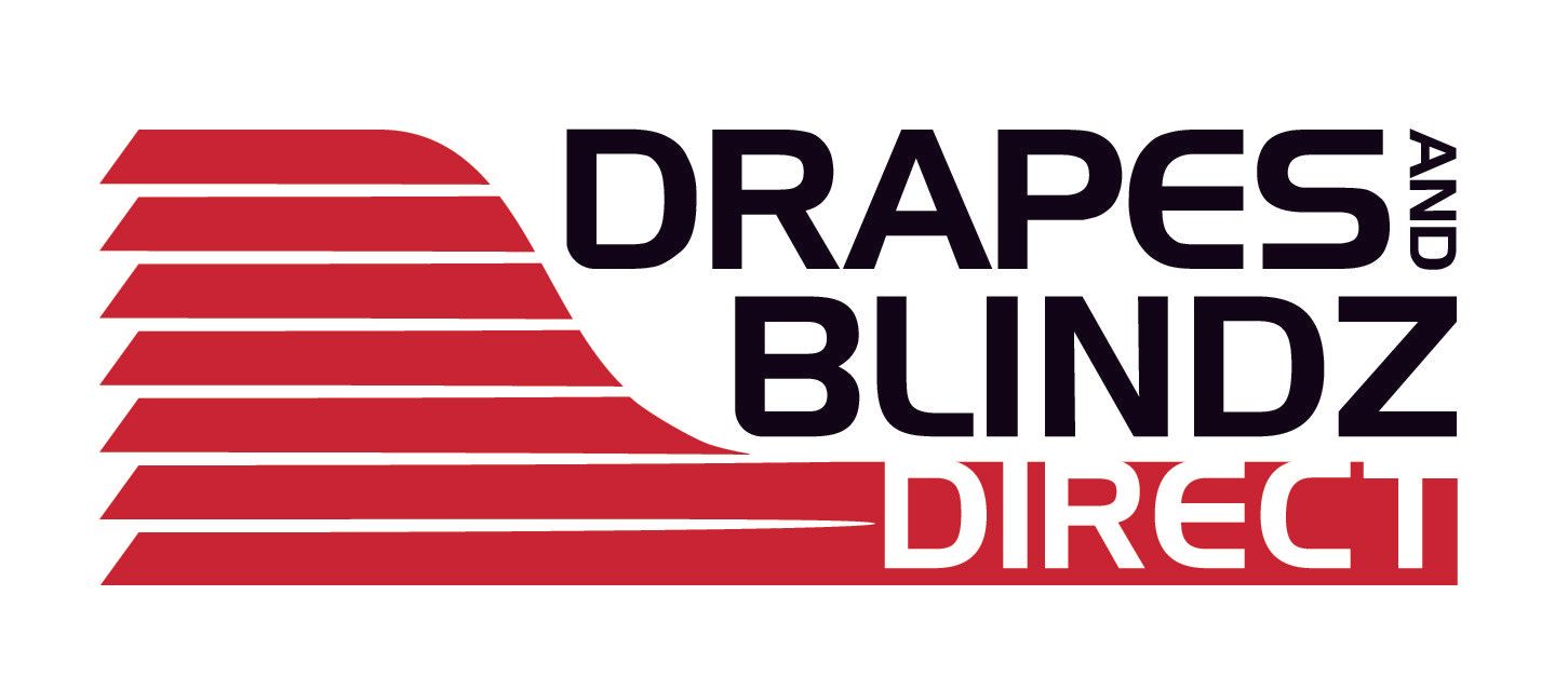 A red and black logo for drapes and blindz direct.