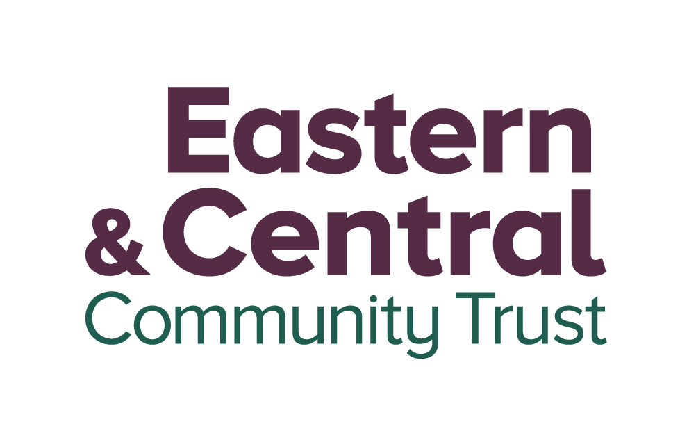 The logo for eastern & central community trust is purple and green.