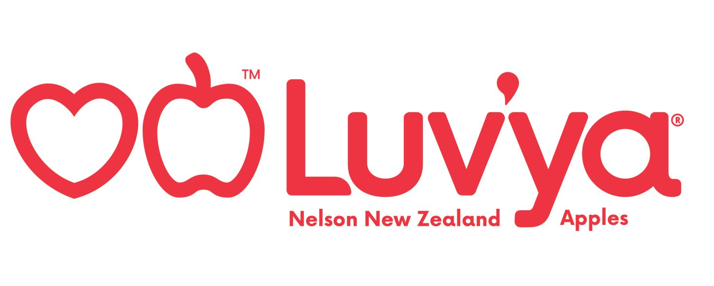 A logo for luviya new zealand apples with a heart in the middle