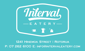 A blue and white logo for interval eatery