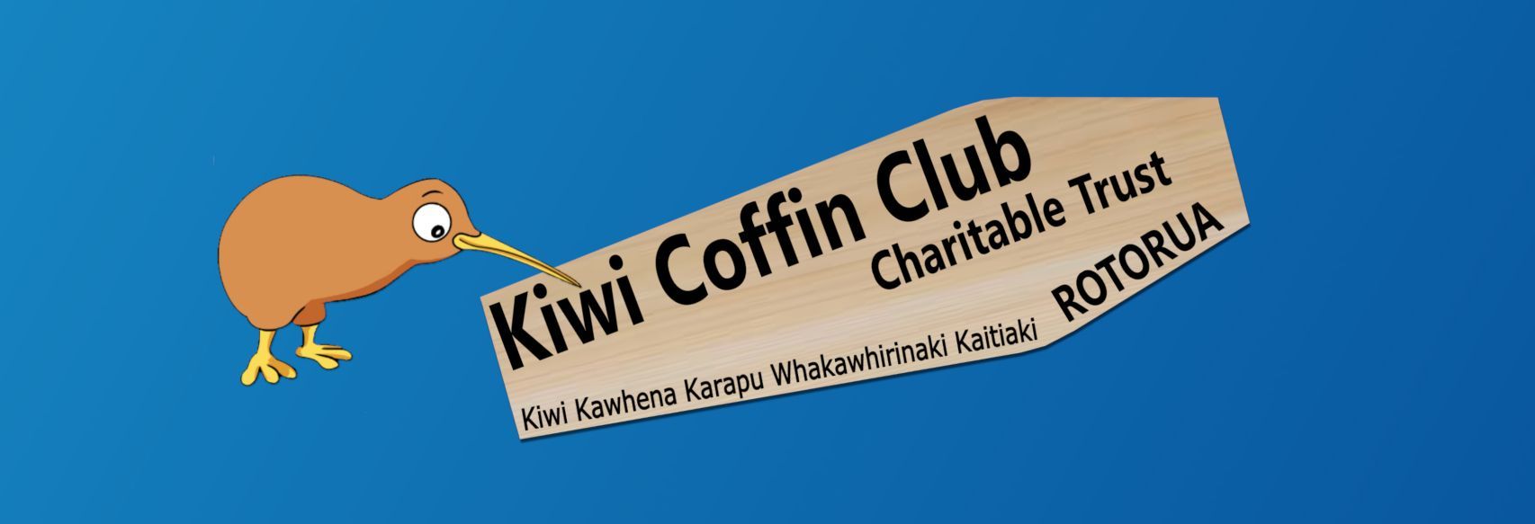 A kiwi is standing next to a sign that says kiwi coffin club