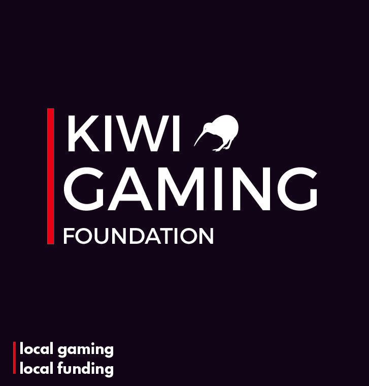The logo for the kiwi gaming foundation is black and white with a kiwi on it.