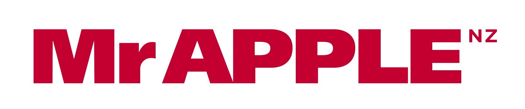 A red mr apple logo on a white background