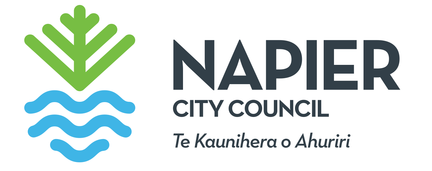 A logo for the napier city council with a green leaf and blue waves.