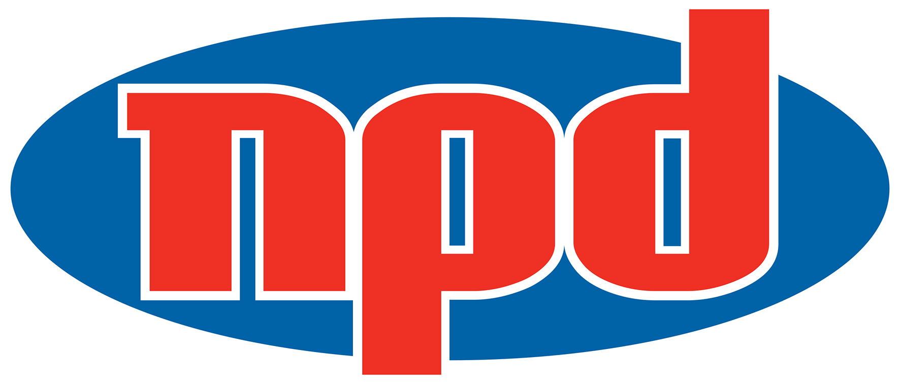 A red and blue logo for npd on a white background.