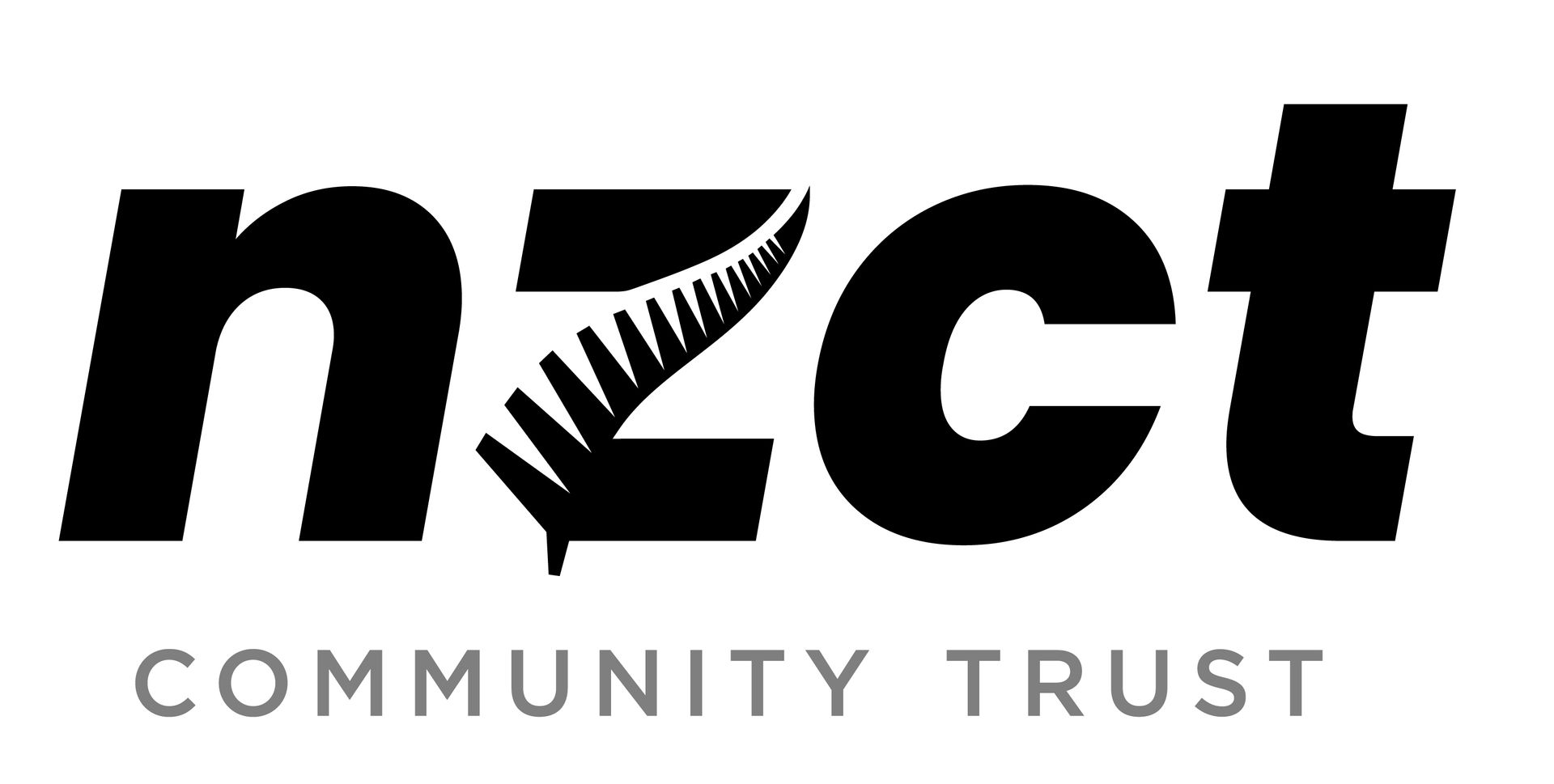 The logo for the nzct community trust is black and white.