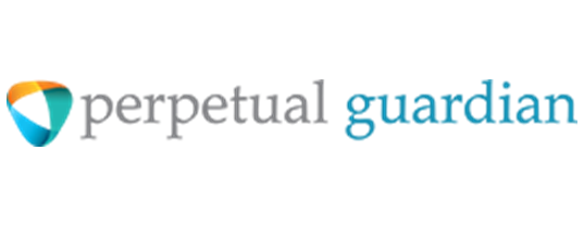 A logo for perpetual guardian with a heart in the middle