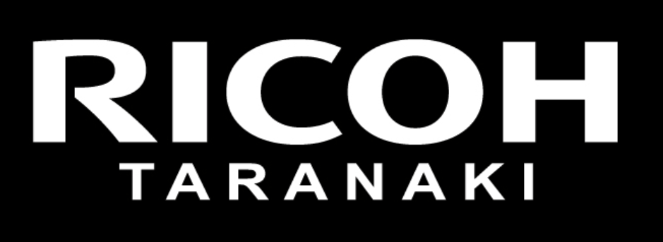 The ricoh taranaki logo is white on a black background.