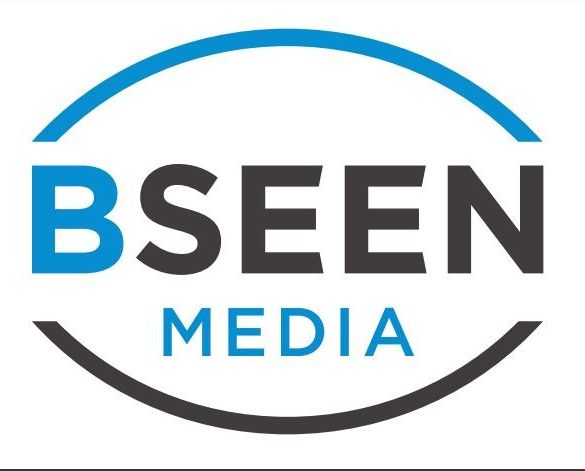 A blue and black logo for bseen media