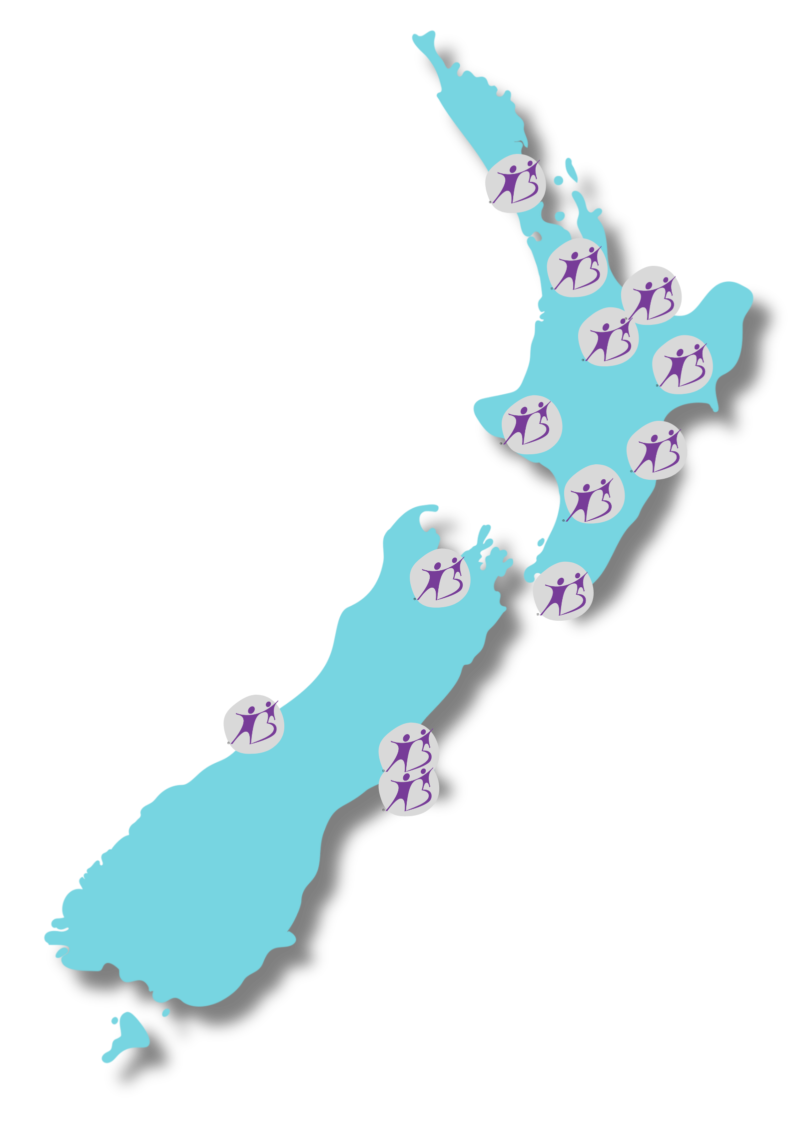 A map of new zealand with purple dots on it