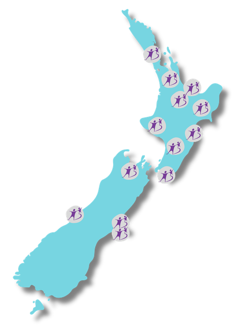 A map of new zealand with purple dots on it