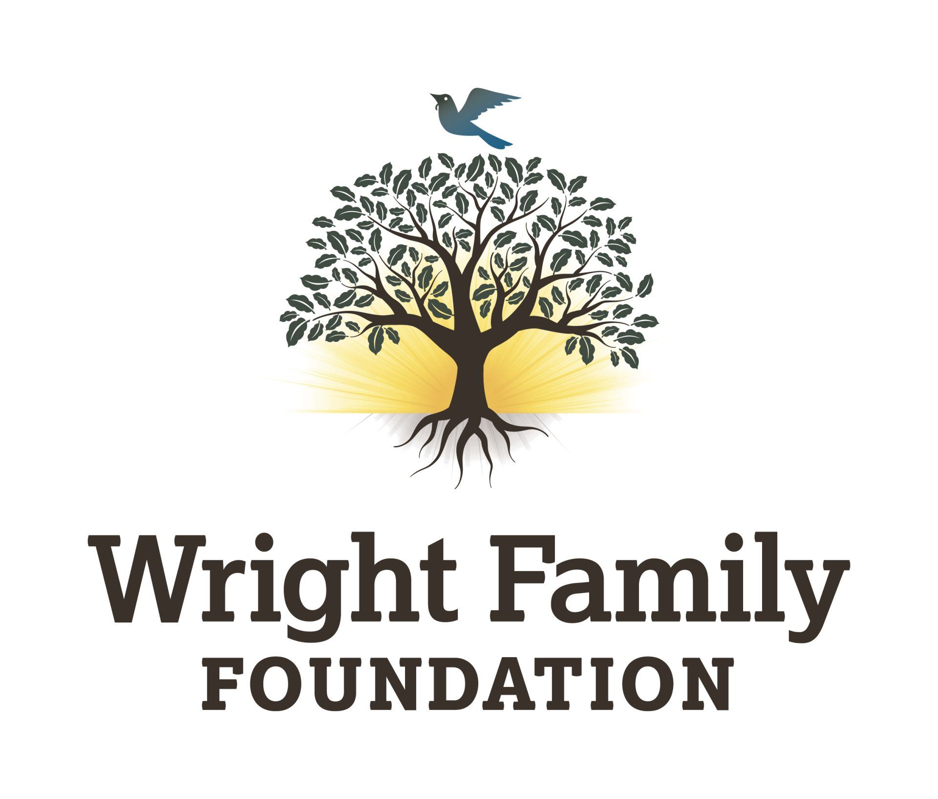 The logo for the wright family foundation shows a tree with roots and a bird flying over it.