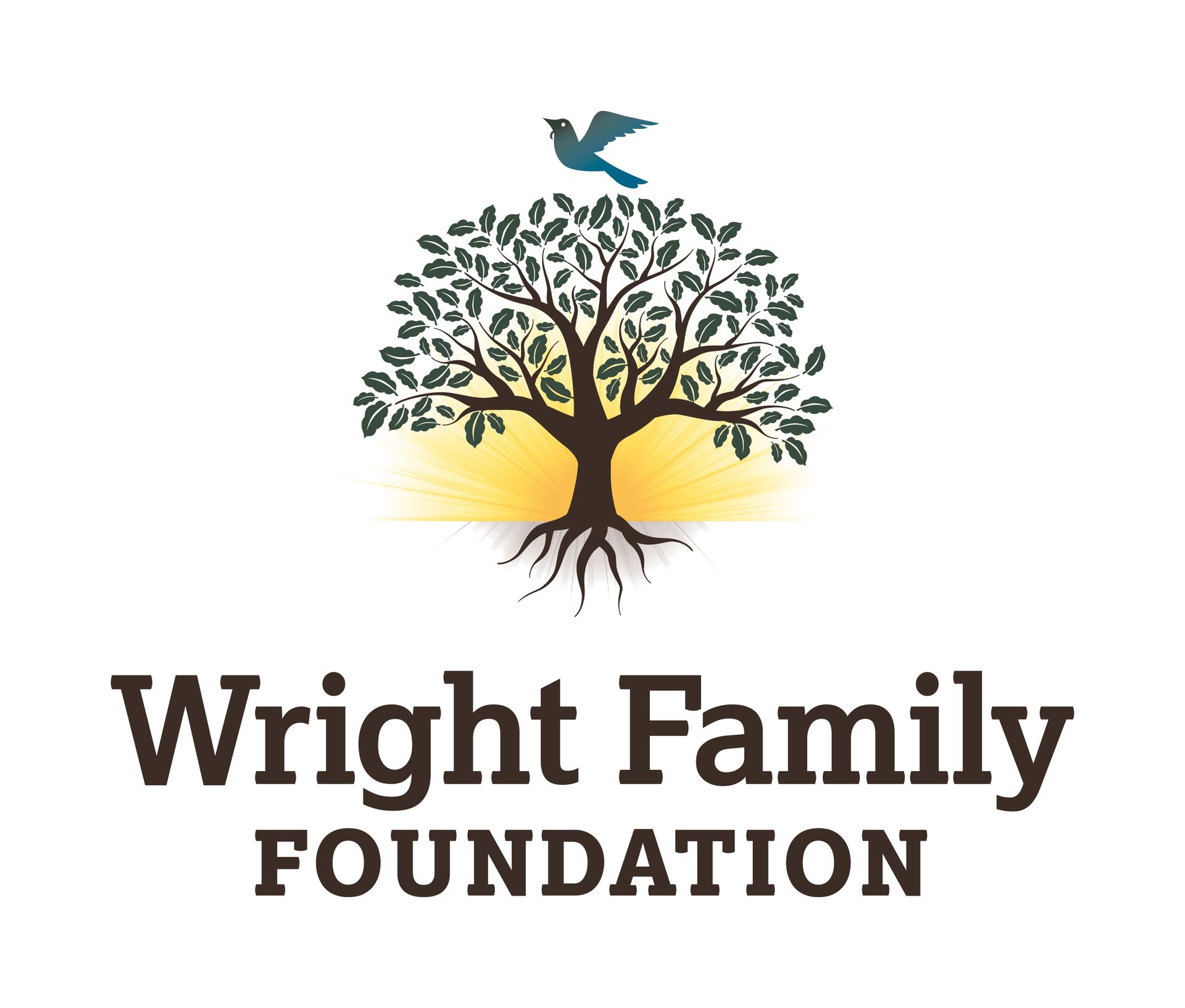 The logo for the wright family foundation shows a tree with roots and a bird flying over it.