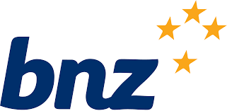 A blue bnz logo with yellow stars on a white background