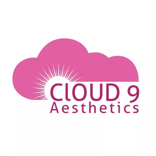 The logo for cloud 9 aesthetics is a pink cloud with the sun shining through it.