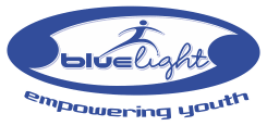 The blue light empowering youth logo is a blue oval with a person on it.