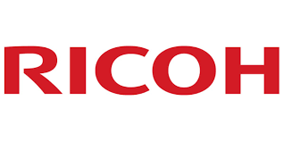 The ricoh logo is red and white on a white background.