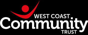 The west coast community trust logo is white on a black background.