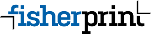 The logo for fisherprint is blue and black on a white background