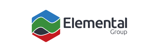 The elemental group logo is a blue , green , and red hexagon.